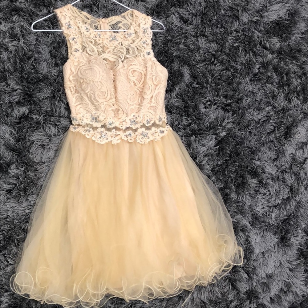 Short champagne colored homecoming dress